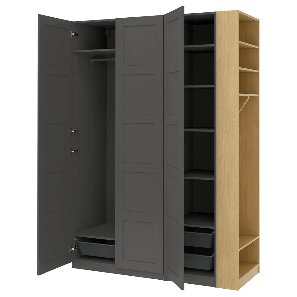 PAX / BERGSBO Wardrobe combination, dark grey dark grey/oak effect, 170x60x236 cm