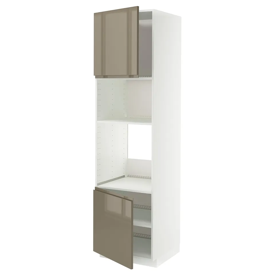 A white METOD kitchen unit with high-gloss dark grey-brown doors, featuring built-in handles and adjustable shelves.