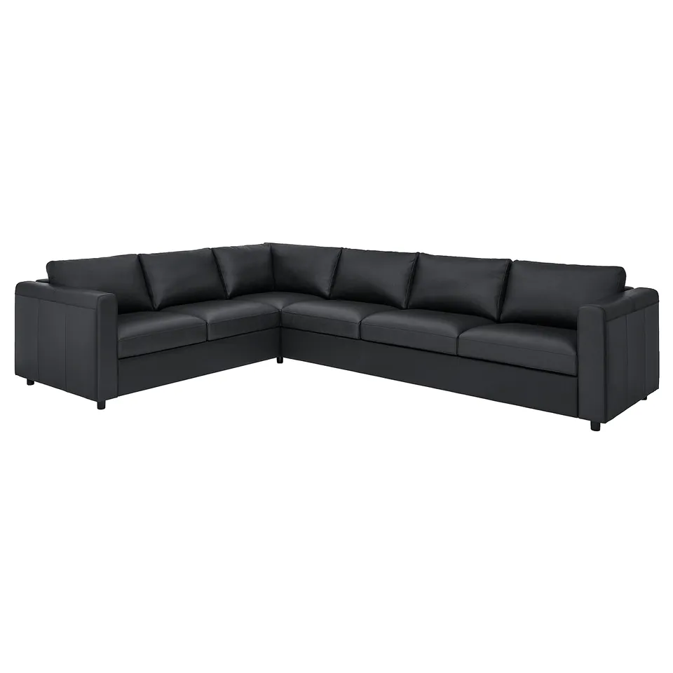 An l-shaped VIMLE sectional sofa in dark grey leather with clean lines and a modern design.