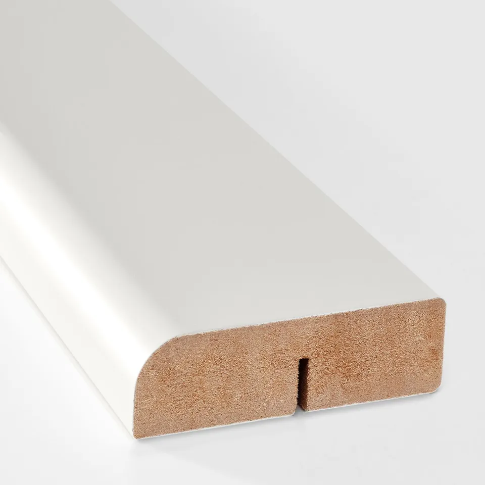 Modern kitchen trim, rounded edge, white finish. Fits under cabinets, durable material.