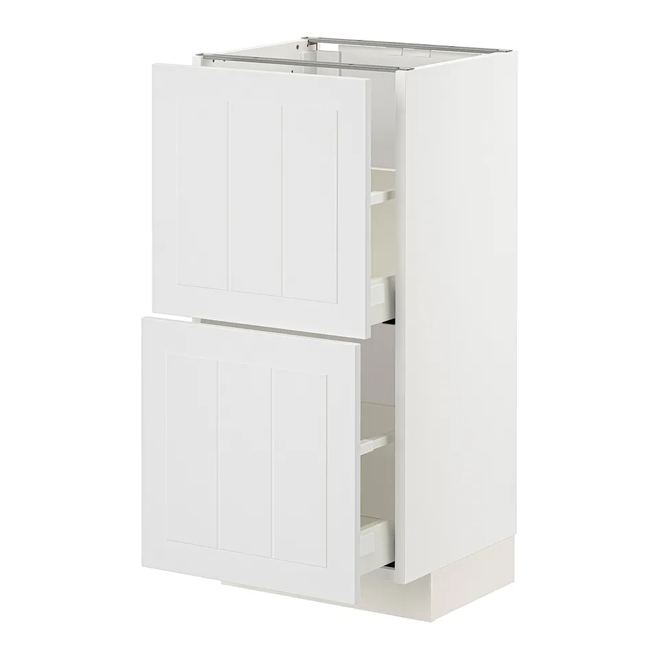 A white METOD kitchen cabinet with dual doors and drawers. The cabinet has a smooth, modern design with a 25-year guarantee.