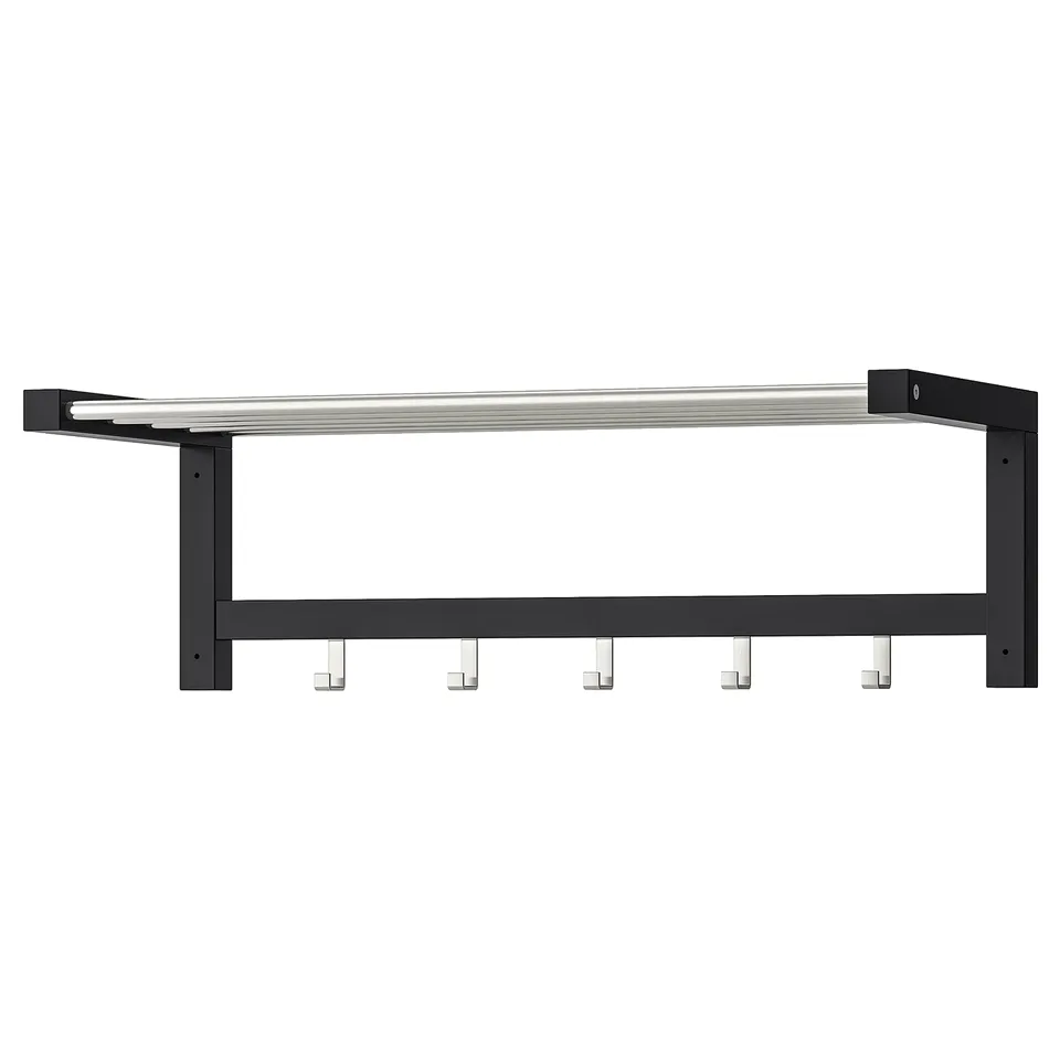 Black TJUSIG wall shelf with 5 hooks, simple wooden design, ideal for hanging clothes and accessories.