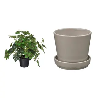 FEJKA/KLOTLÖNN set: artificial potted plant + plant pot with saucer