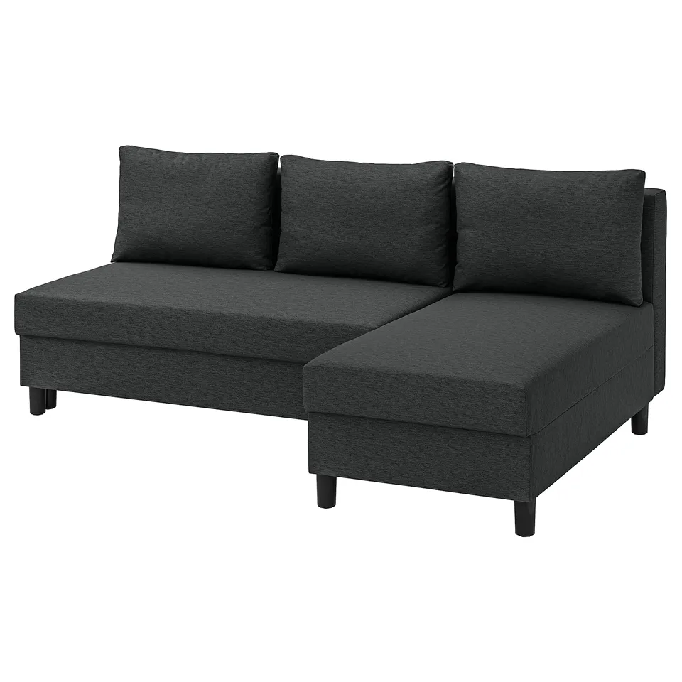 ÄLVDALEN sofa in dark grey fabric. Modern l-shape design with two large cushions and sleek black legs for comfort and contemporary style.