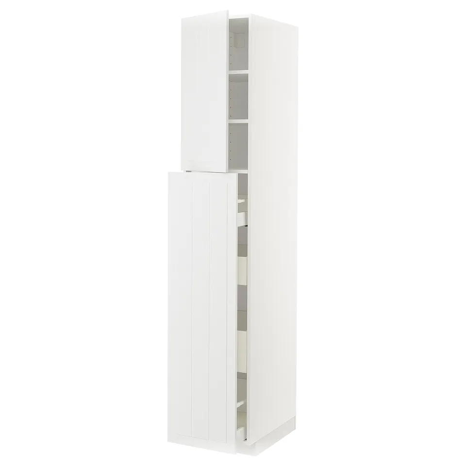 A white METOD kitchen cabinet with vertical panels. It has tall, narrow shelves and draws with a sleek, modern design.