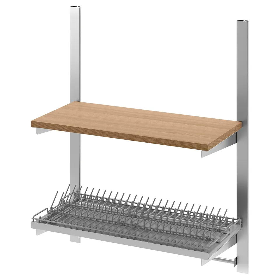 KUNGSFORS wall storage: wooden shelf, metal dish rack, stainless steel framework.