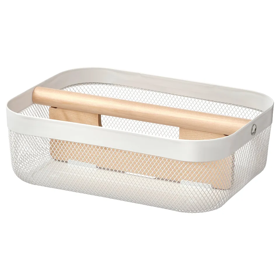 RISATORP storage basket, white, mesh and wood, rectangular, two compartments.