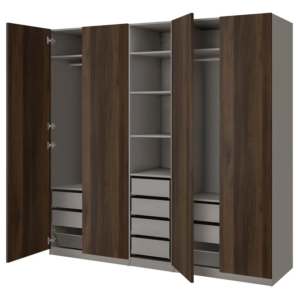PAX wardrobe: dark brown wood, grey interior, four sections, open doors revealing shelves and drawers.