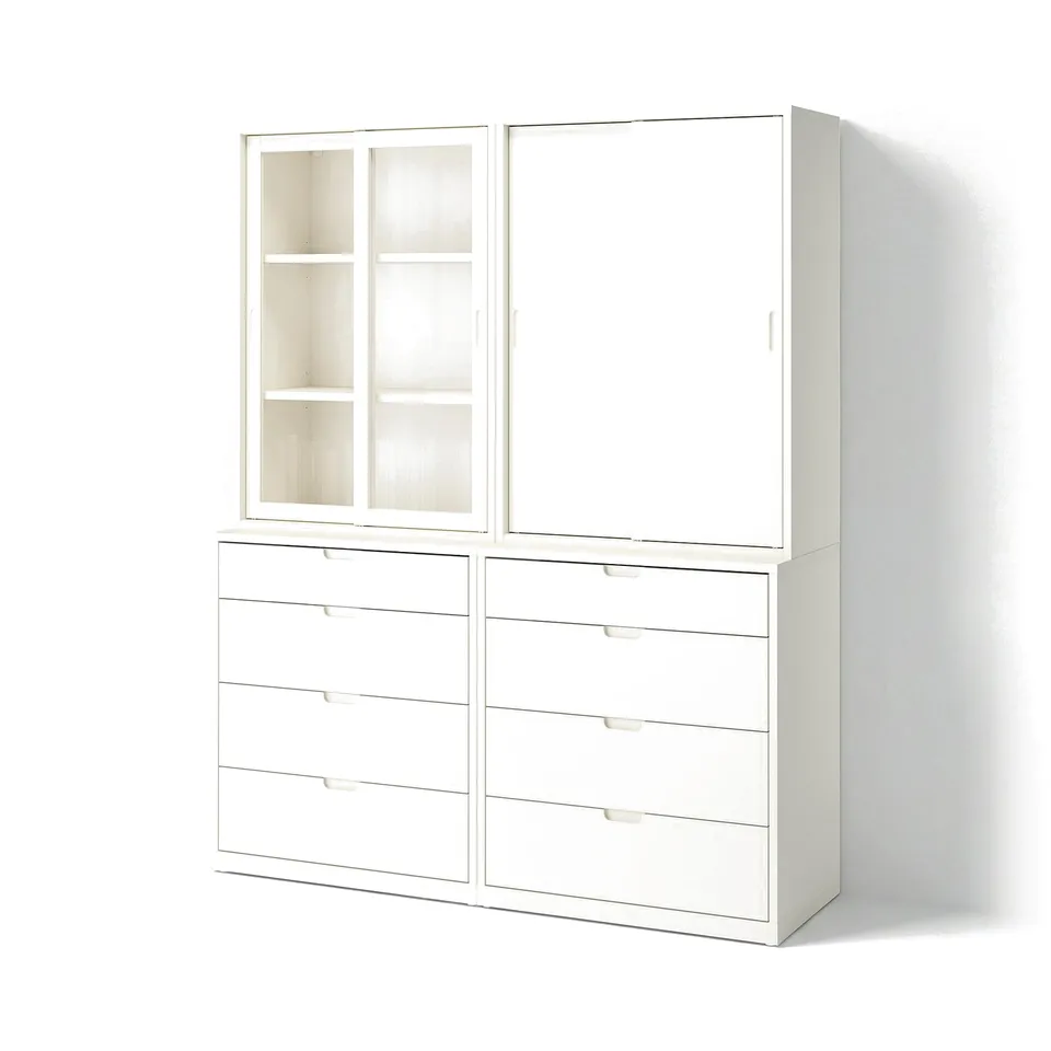 Off-white TONSTAD cabinet & dresser with glass doors & drawers.