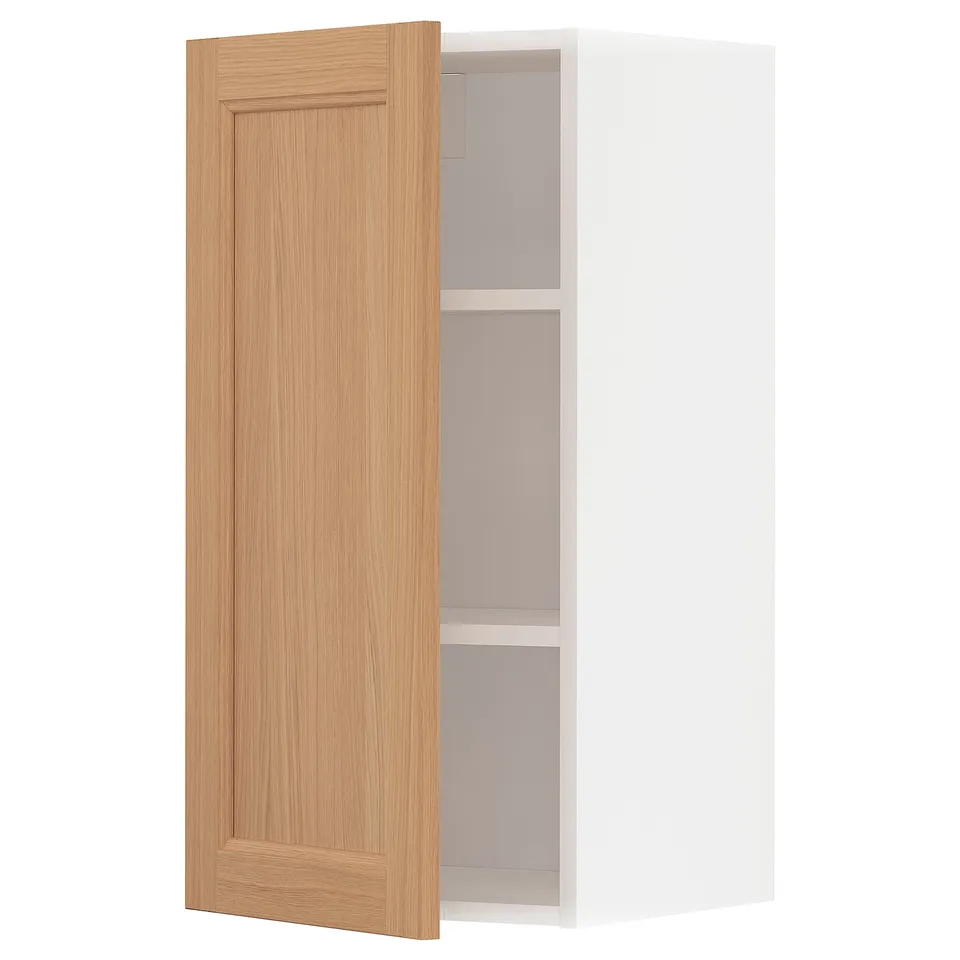 Light wood cabinet with single door open, white interior.