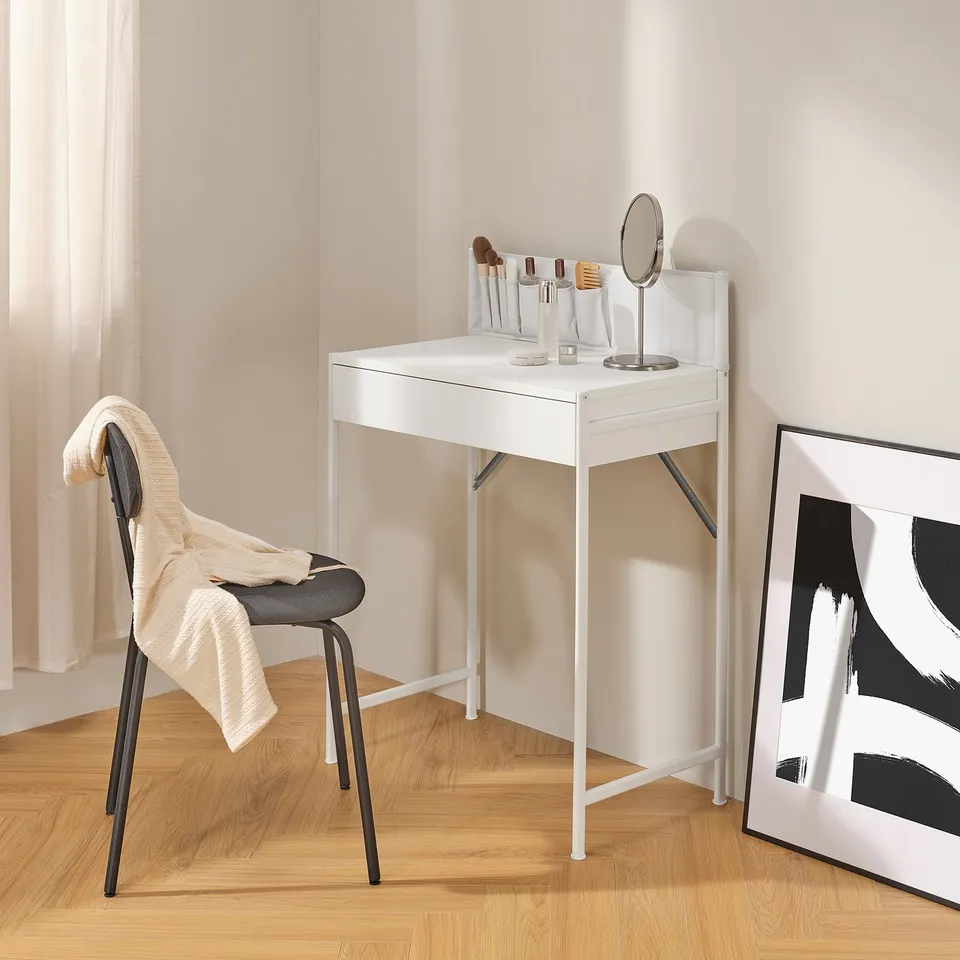 BRUKSVARA vanity: white, compact desk with drawer, simple design, petite size, fabric pockets on chair.