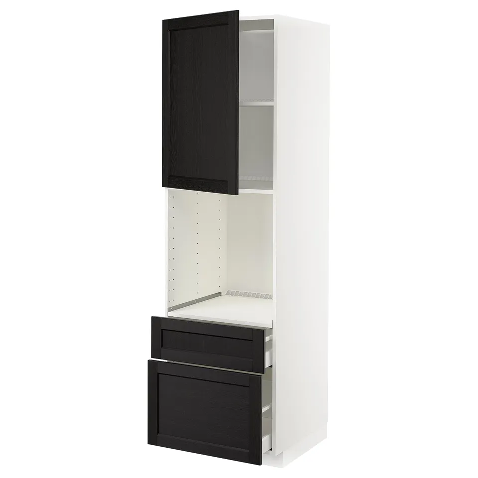 METOD kitchen unit, black doors, white frame, open shelves.