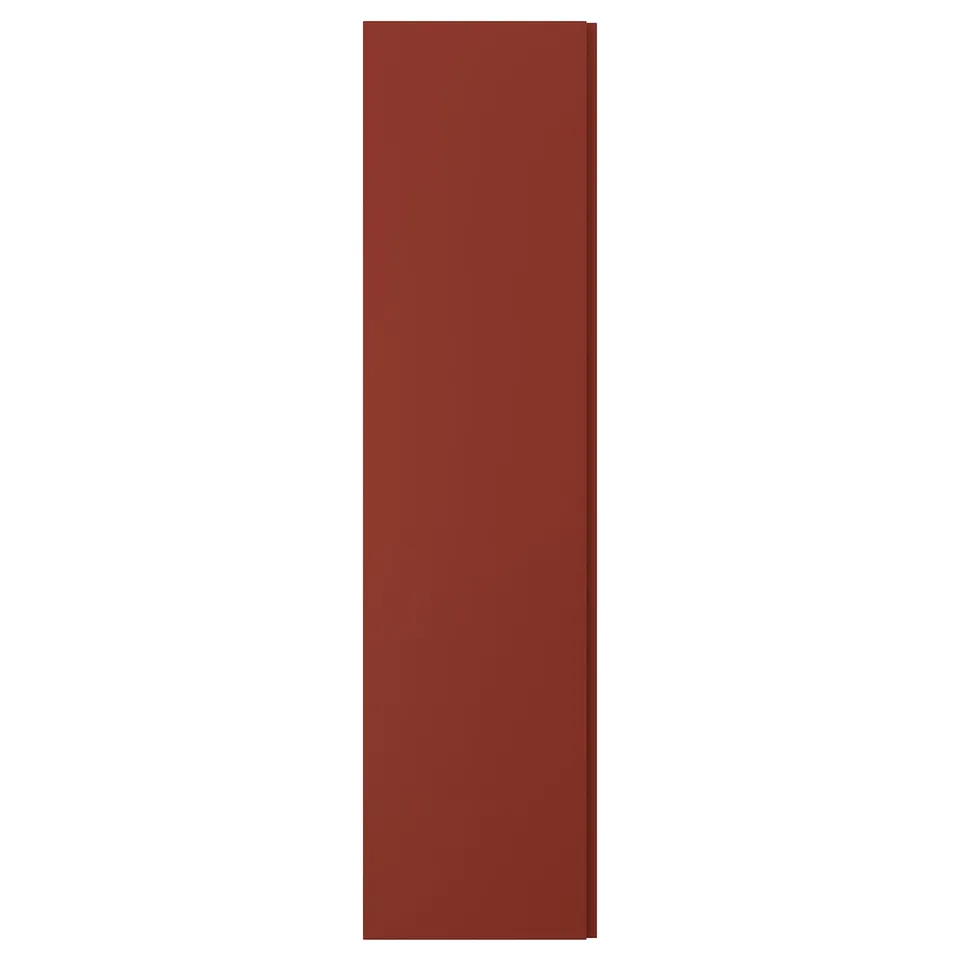 VIKANES: red rectangular door, minimalist handle groove, fiberboard and recycled plastic.