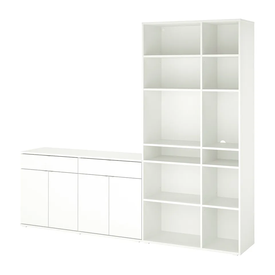 White VIHALS storage set: sideboard & tall bookshelf. Modern, clean design. Made from renewable materials.