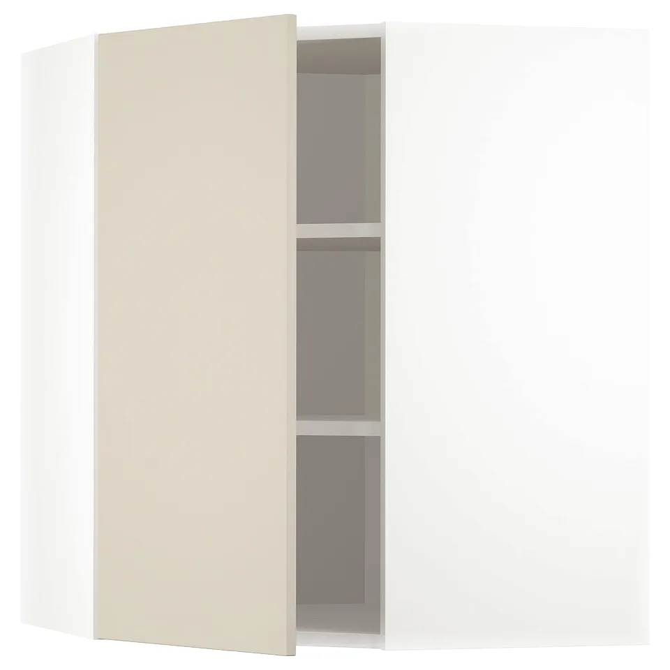 An opened ikea METOD kitchen corner cabinet with beige havstorp doors showcasing adjustable shelves.