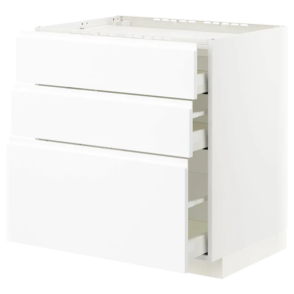 White modern kitchen cabinet with 3 drawers and smooth edges.