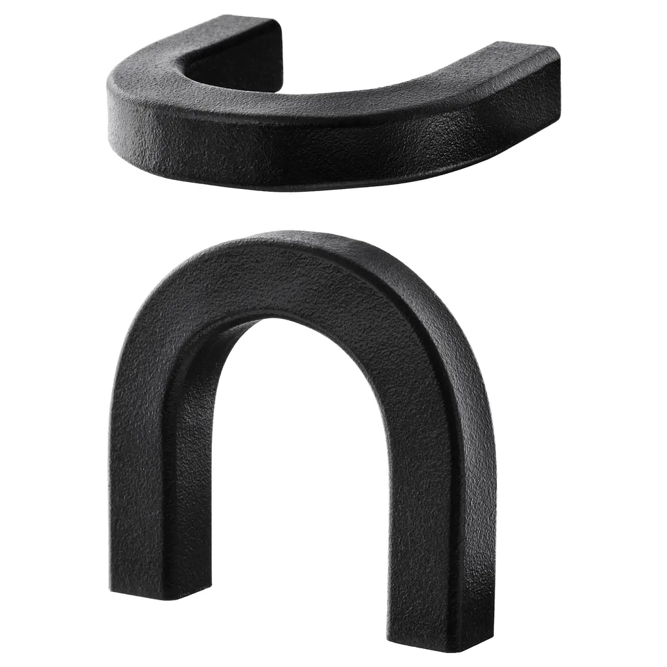 Black, rustic iron handles, forged, textured, u-shape.