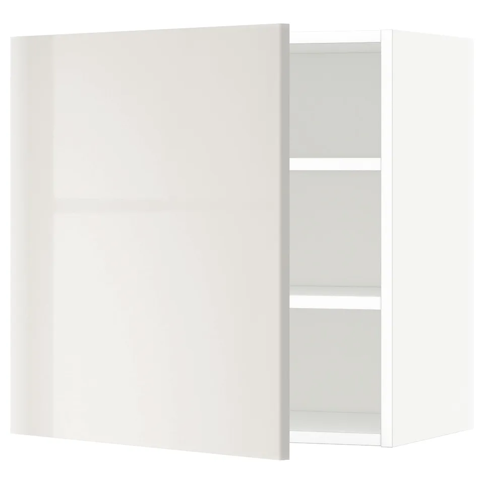 White METOD kitchen cabinet with glossy finish, adjustable shelves, square shape, modern design.