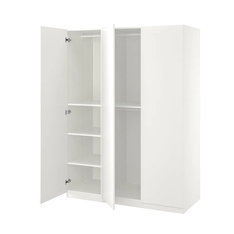 A white ikea PAX wardrobe with open doors revealing multiple shelves inside.