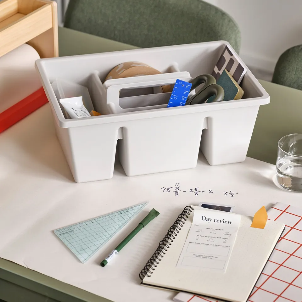 FÅNGGRÖDA white organiser with 4 compartments, plastic, fits in drawers, holds small tools on study table.