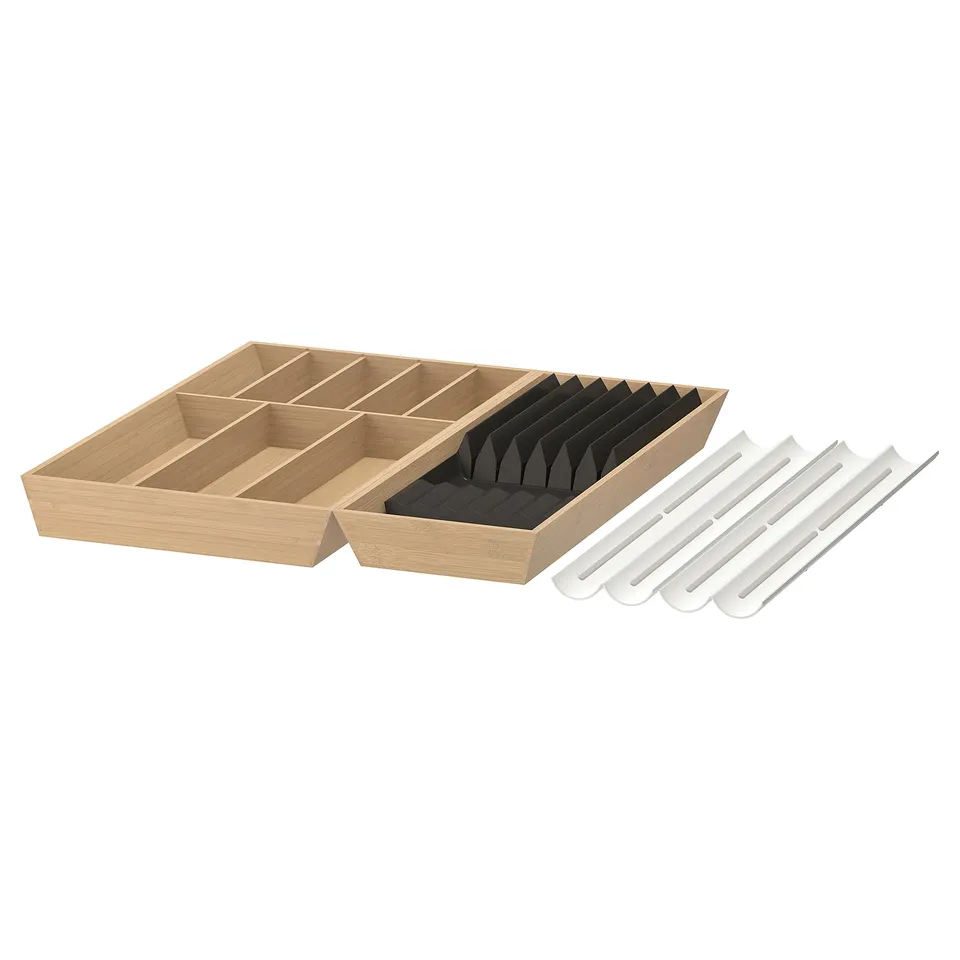 Organiser set with bamboo tray, black partitions, and white knife slots.