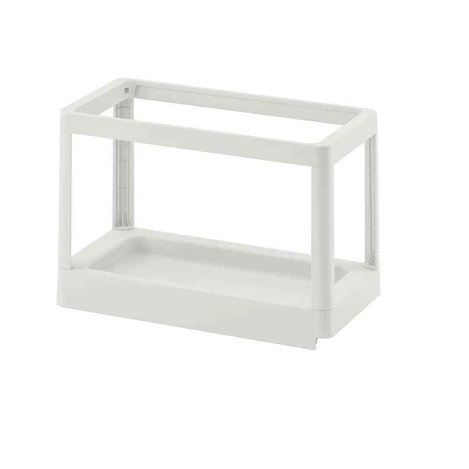 A white HÅLLBAR pull-out waste sorting frame made of recycled polypropylene with steel runners, designed for kitchen cabinet use.