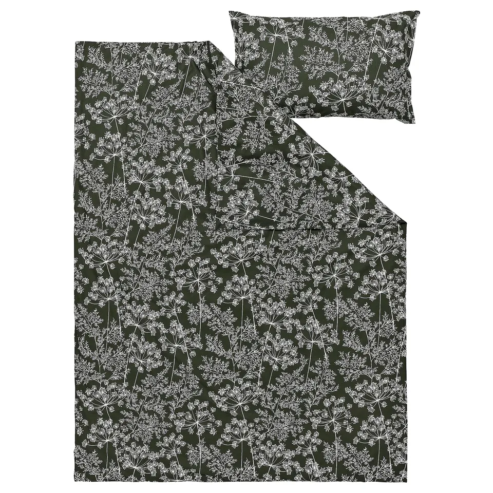 DAGGBJÖRNBÄR Duvet cover and pillowcase, dark green/floral pattern, 150x200/50x80 cm