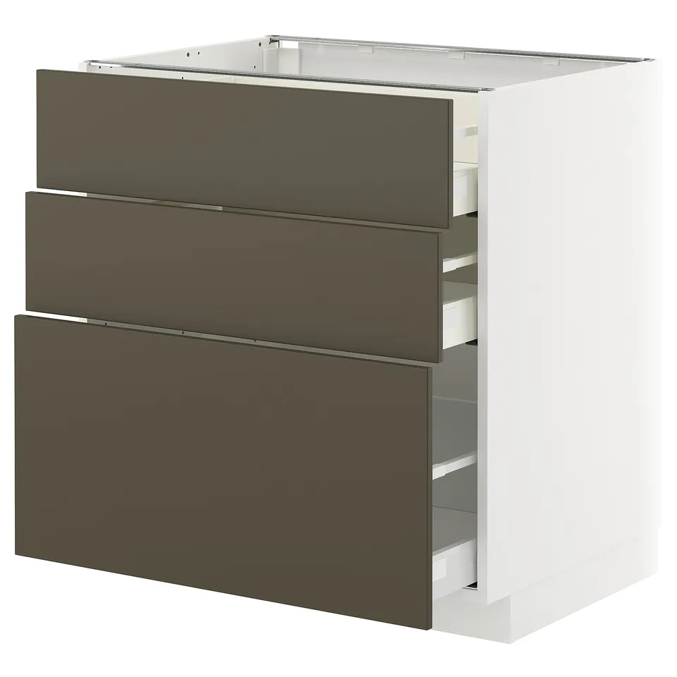 METOD kitchen cabinet in dark brown with three drawers, sleek modern design.