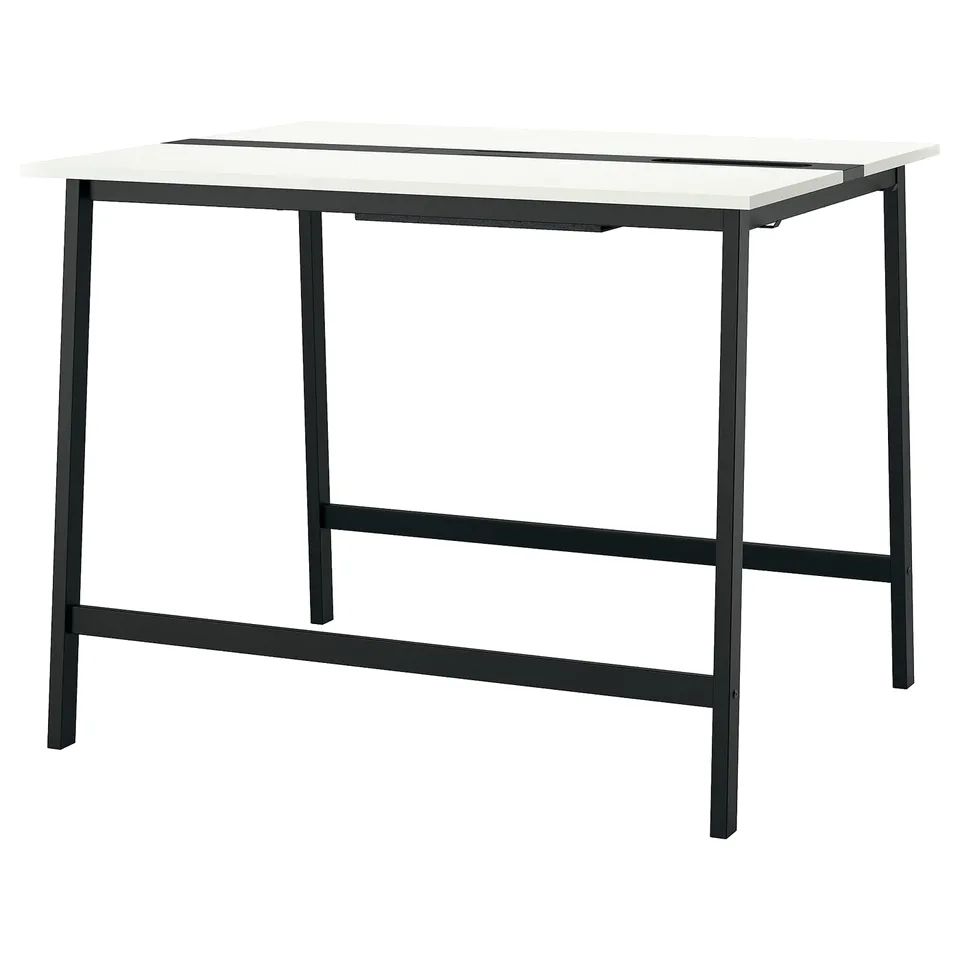 MITTZON desk: black metal, white top, rectangular, minimalist design.