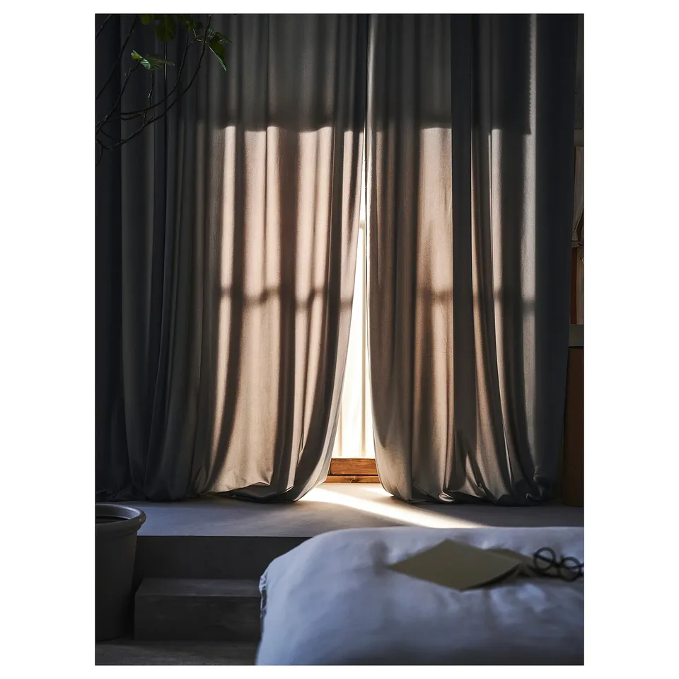 Beige SANDSVINGEL recycled polyester curtains philtre soft morning light.