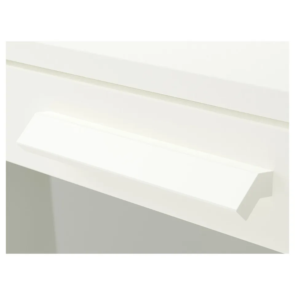 Stylish white chest with frosted glass top, smooth drawers.