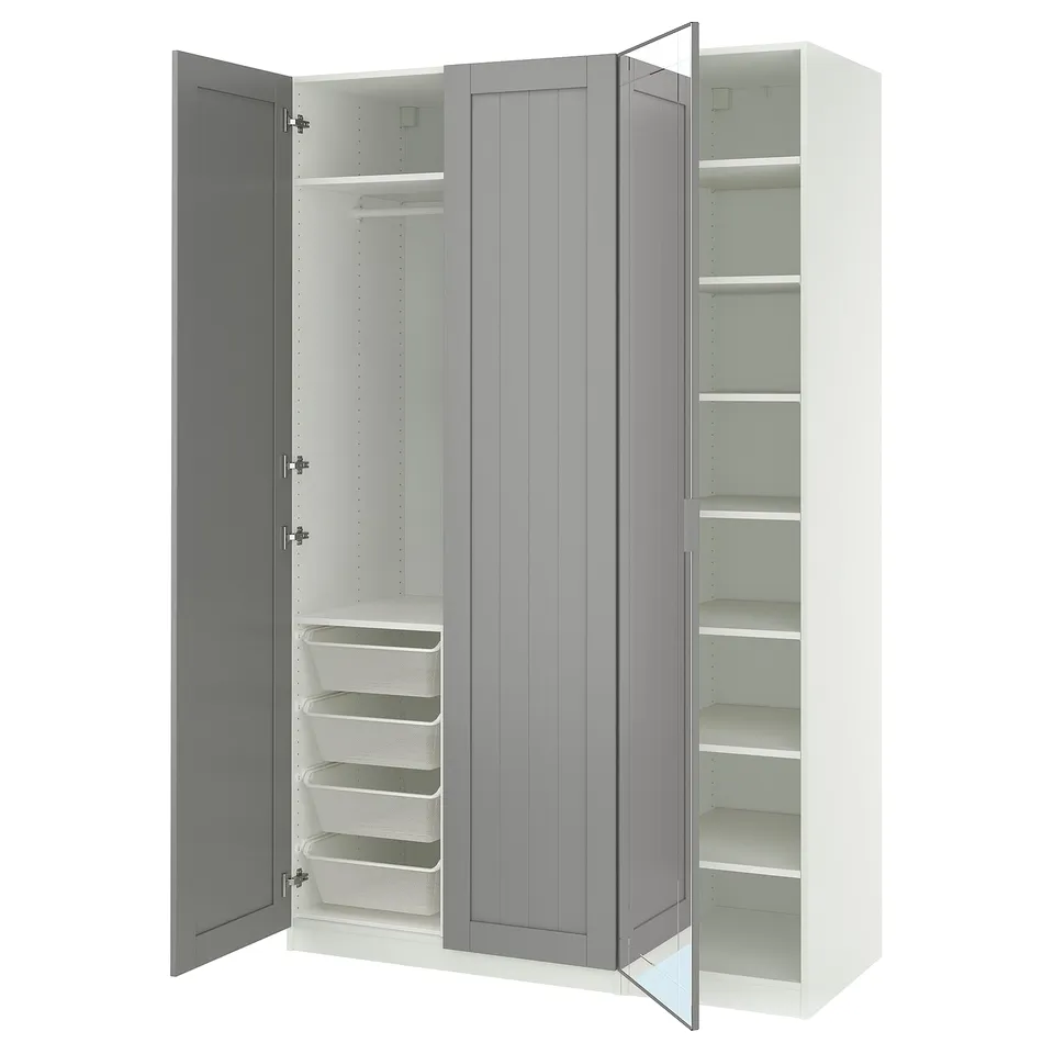 White PAX wardrobe with grey doors and mirrored centre, open showing shelves and drawers.