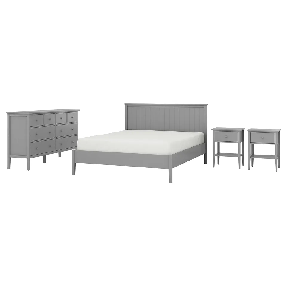 A grey bedroom set featuring a bed, two nightstands, and a dresser with a modern design.