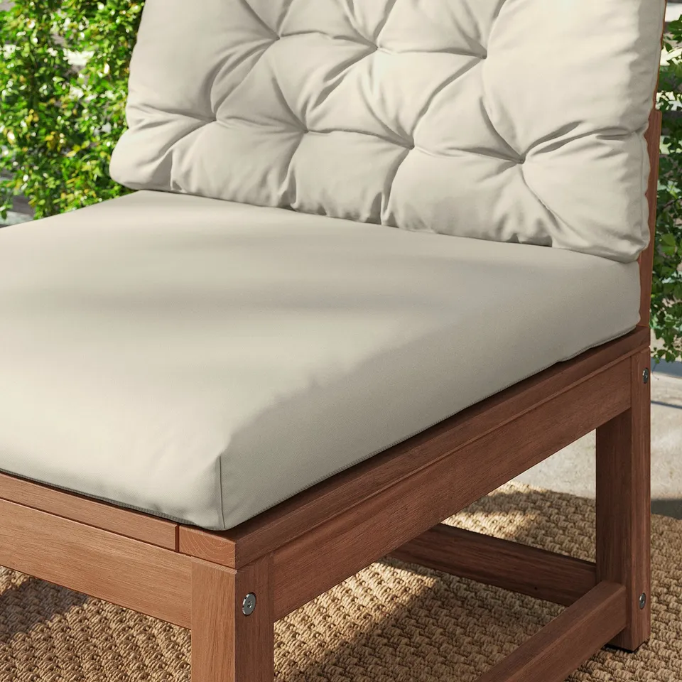 Chair cushion: comfortable, beige, buttons, outdoor use.