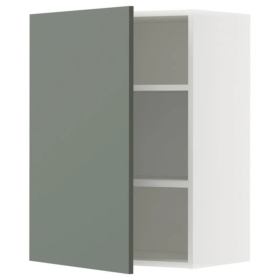White cabinet with grey-green door, adjustable shelf.