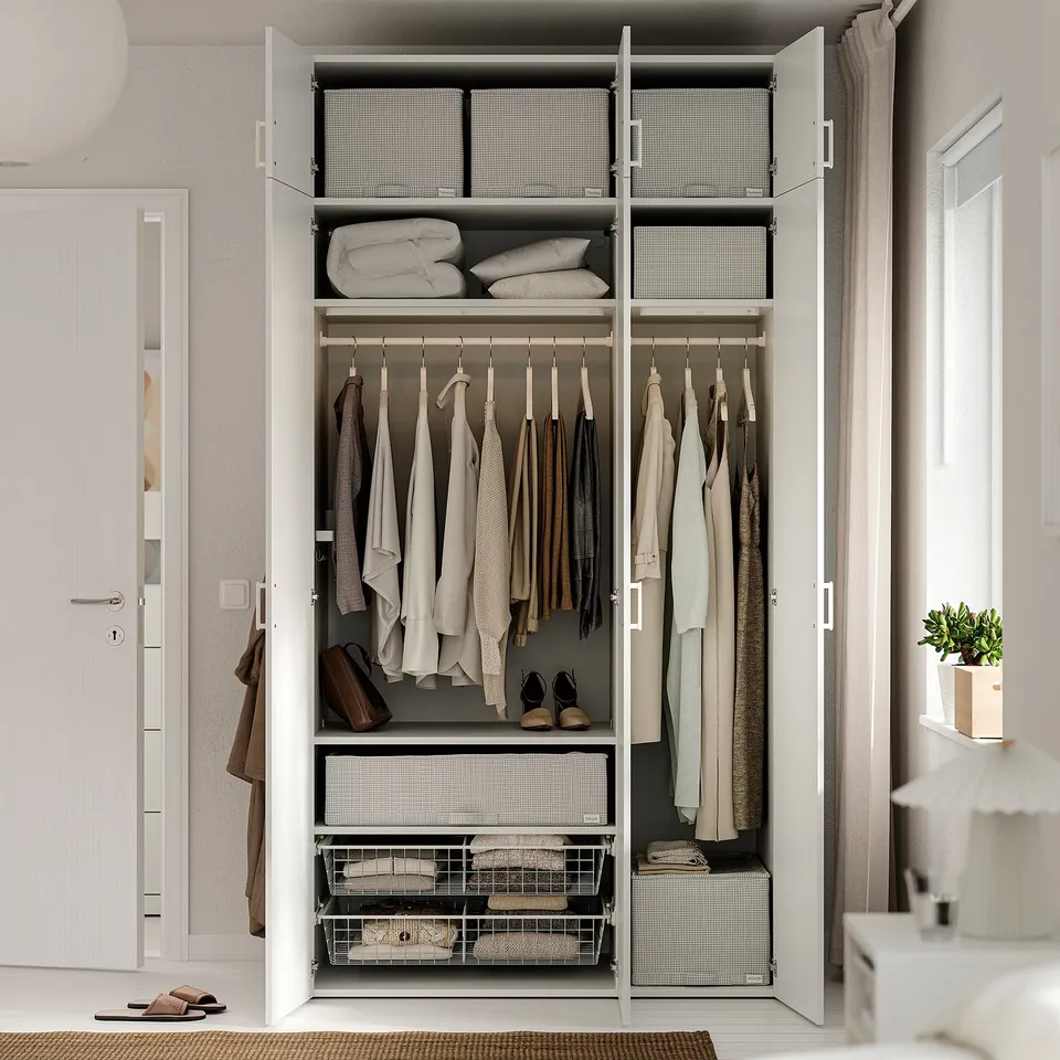 Organised wardrobe with clothes, shelves, and baskets. Wardrobe adjustable feet and built for flexible storage.