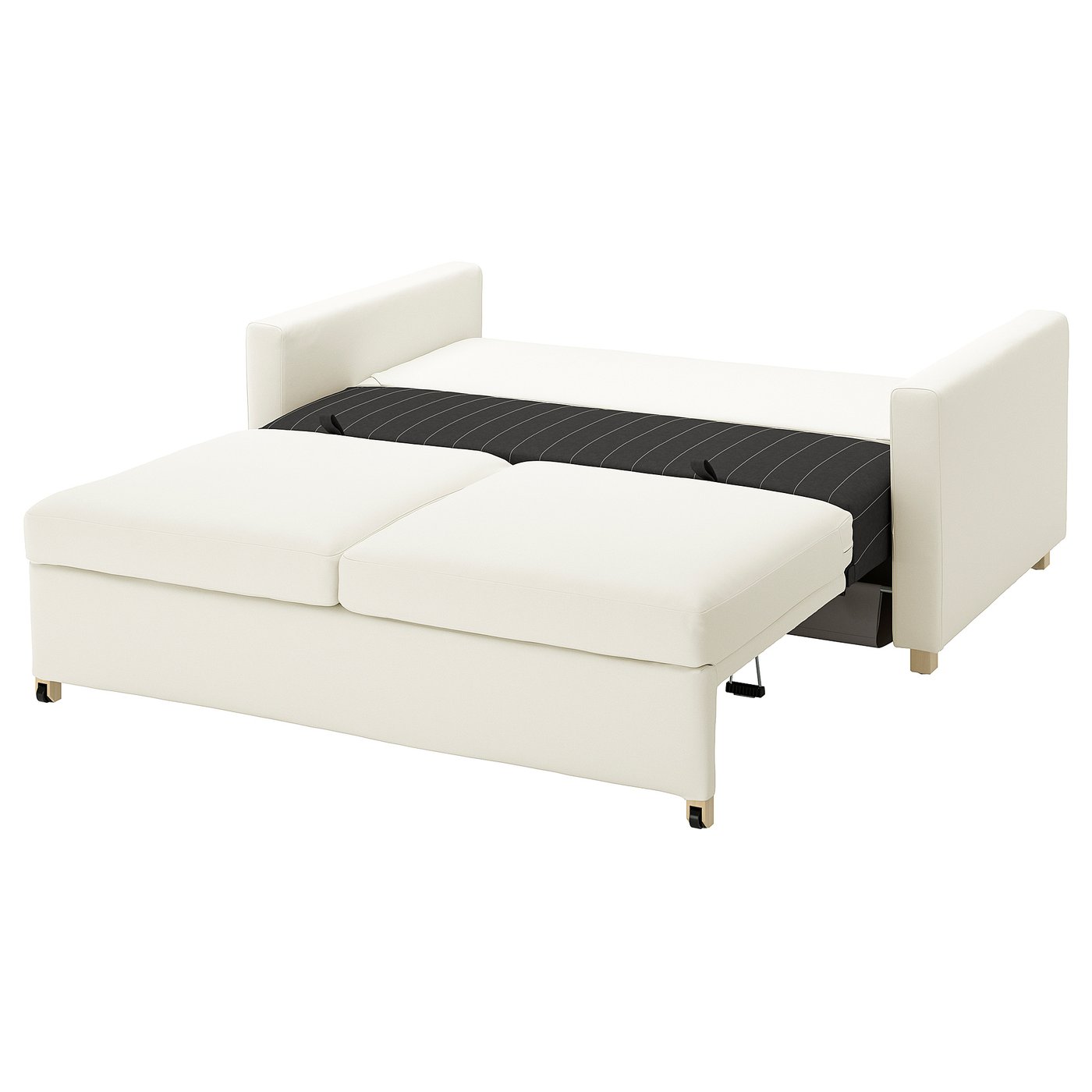 Modern white sofa bed with sleek lines and sturdy frame, minimalist design with built-in pillows.