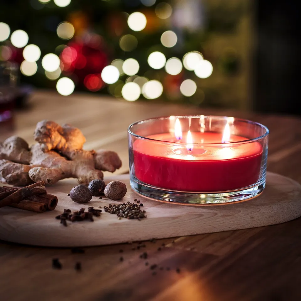 VINTERFINT Scented candle in glass, 3 wicks, Spiced delight/red, 25 hr