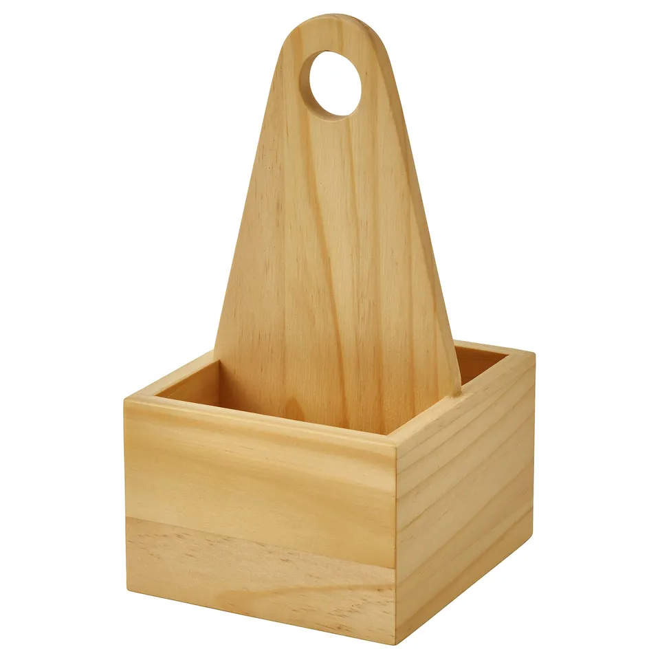 A wooden kitchen organiser named CHOKLADHAJ. It is beige, rectangular, and has a handle on top for easy carrying.