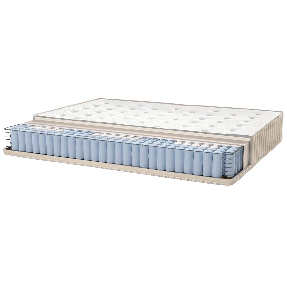 Cross-section of a mattress with layers: top cushion, foam, latex, and pocket springs.