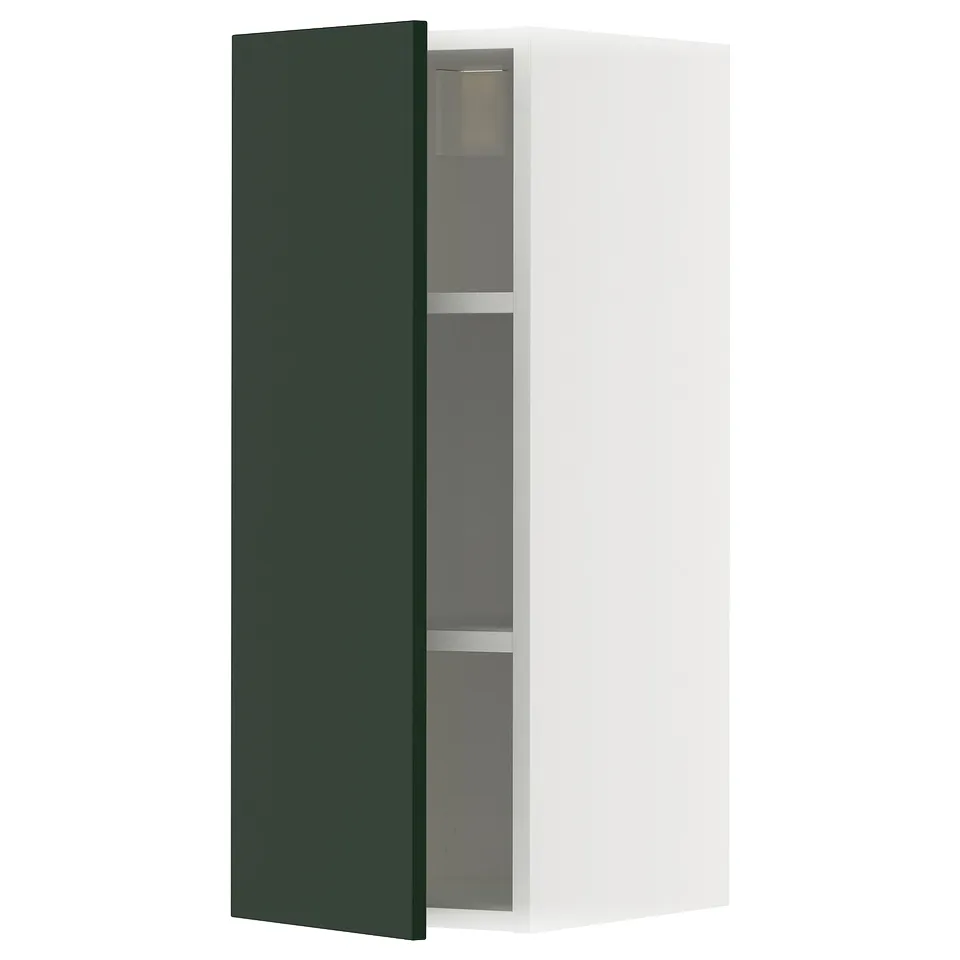 A tall, narrow white and green kitchen cabinet with one door open, revealing grey shelves inside. Modern and sleek design.