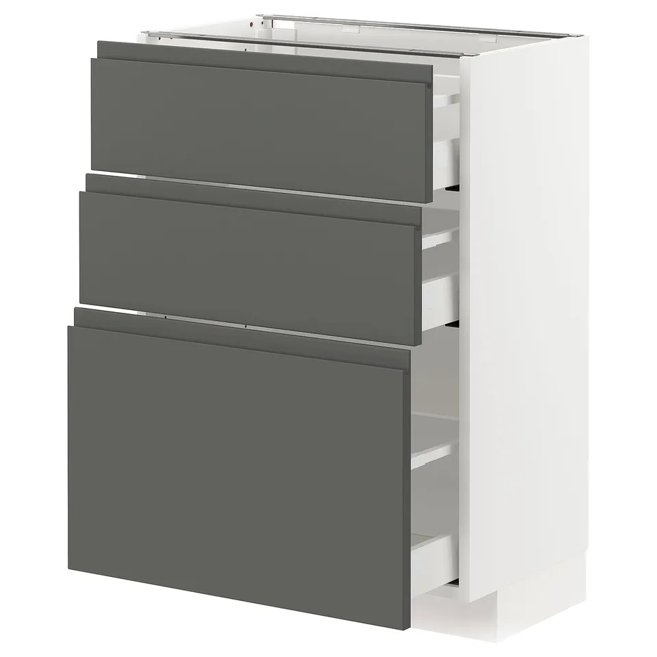 METOD kitchen unit in dark grey with three drawers, sleek modern design.