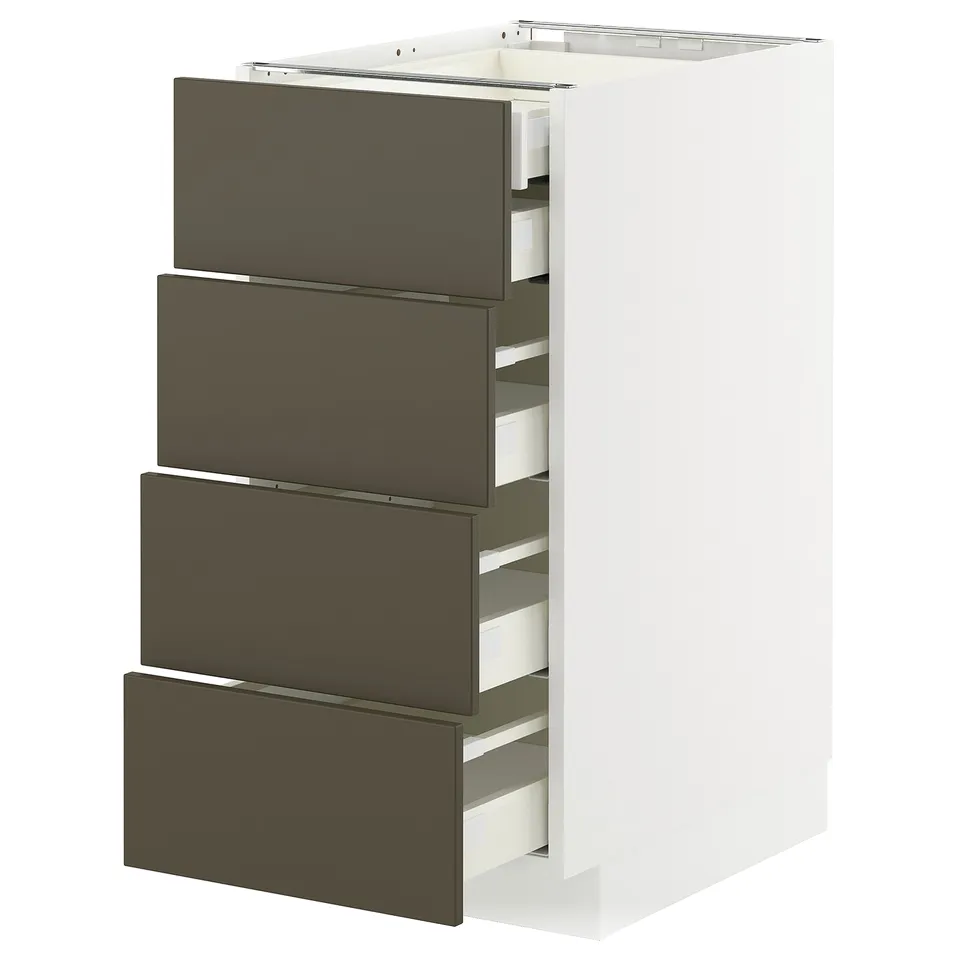 Its an ikea METOD kitchen unit in white with four gray drawers. It has a sleek, modern design with dark brown handles and full-extension drawers.