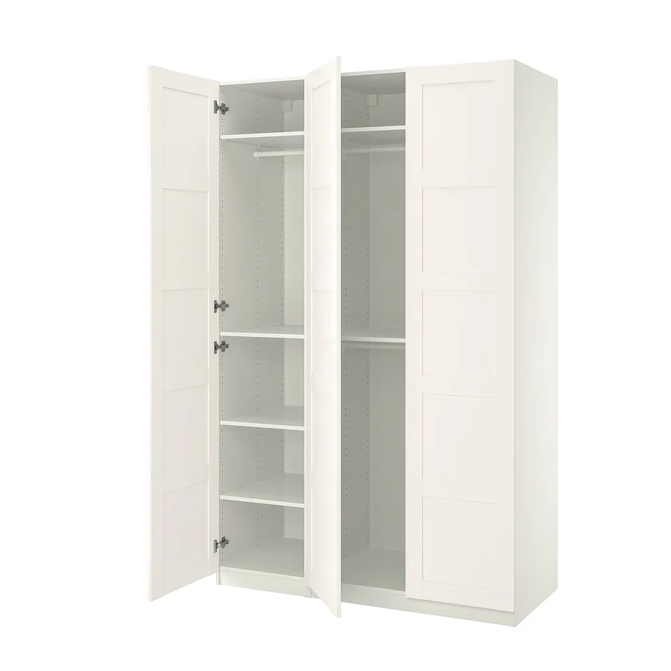 IKEA PAX white wardrobe, open, white shelves, simple design.