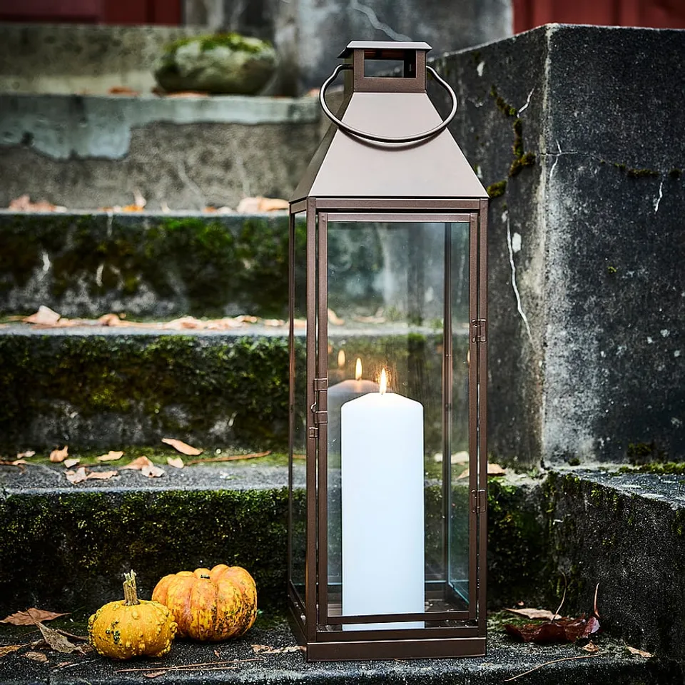 HÖSTAGILLE Lantern for pillar candle, in/out, copper-colour, 58 cm