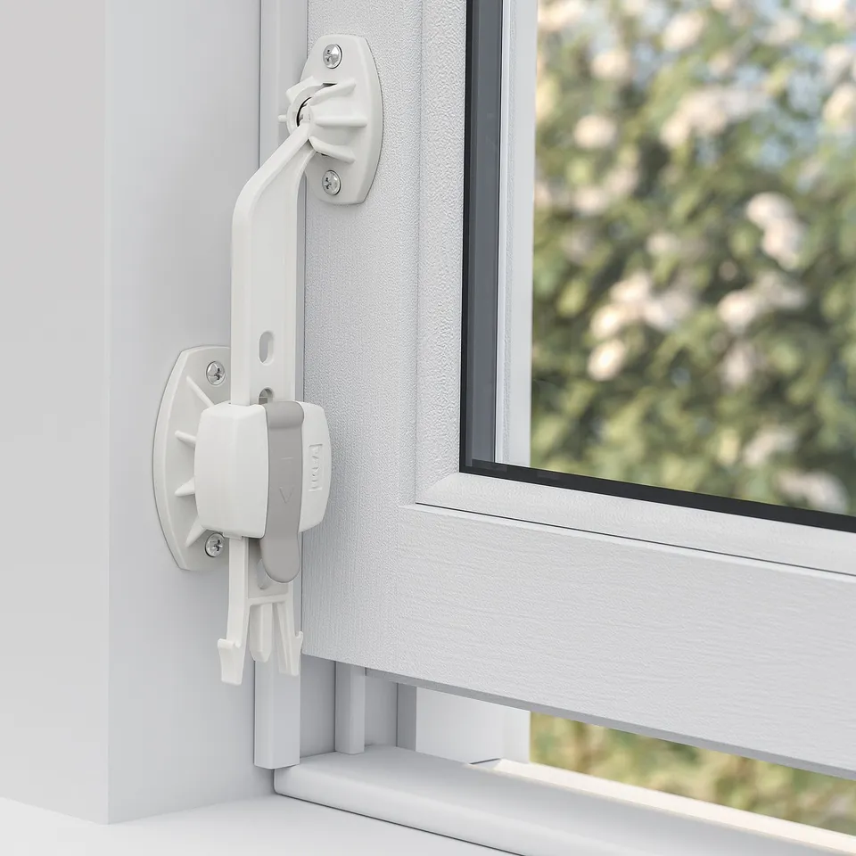 Window catch with safety lock, holds window open at desired angle.