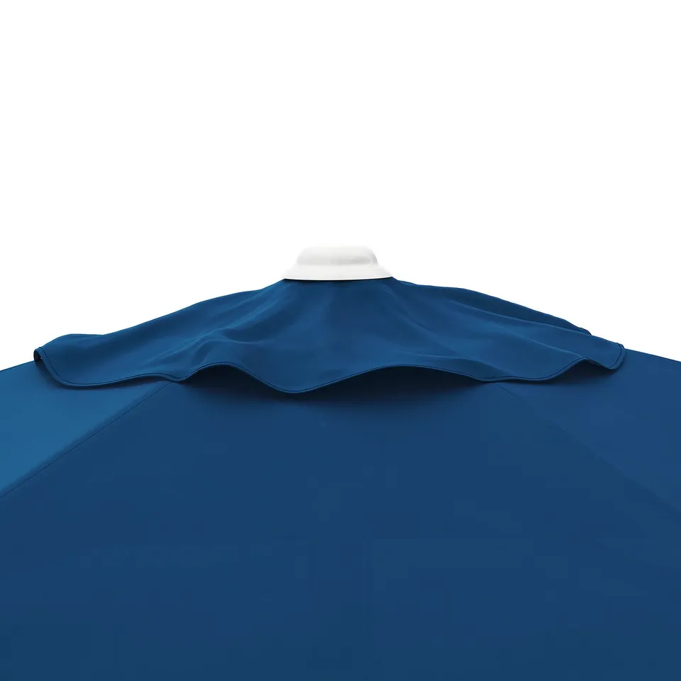 A blue parasol with a white handle, showcasing high-quality fabric and sturdy construction.