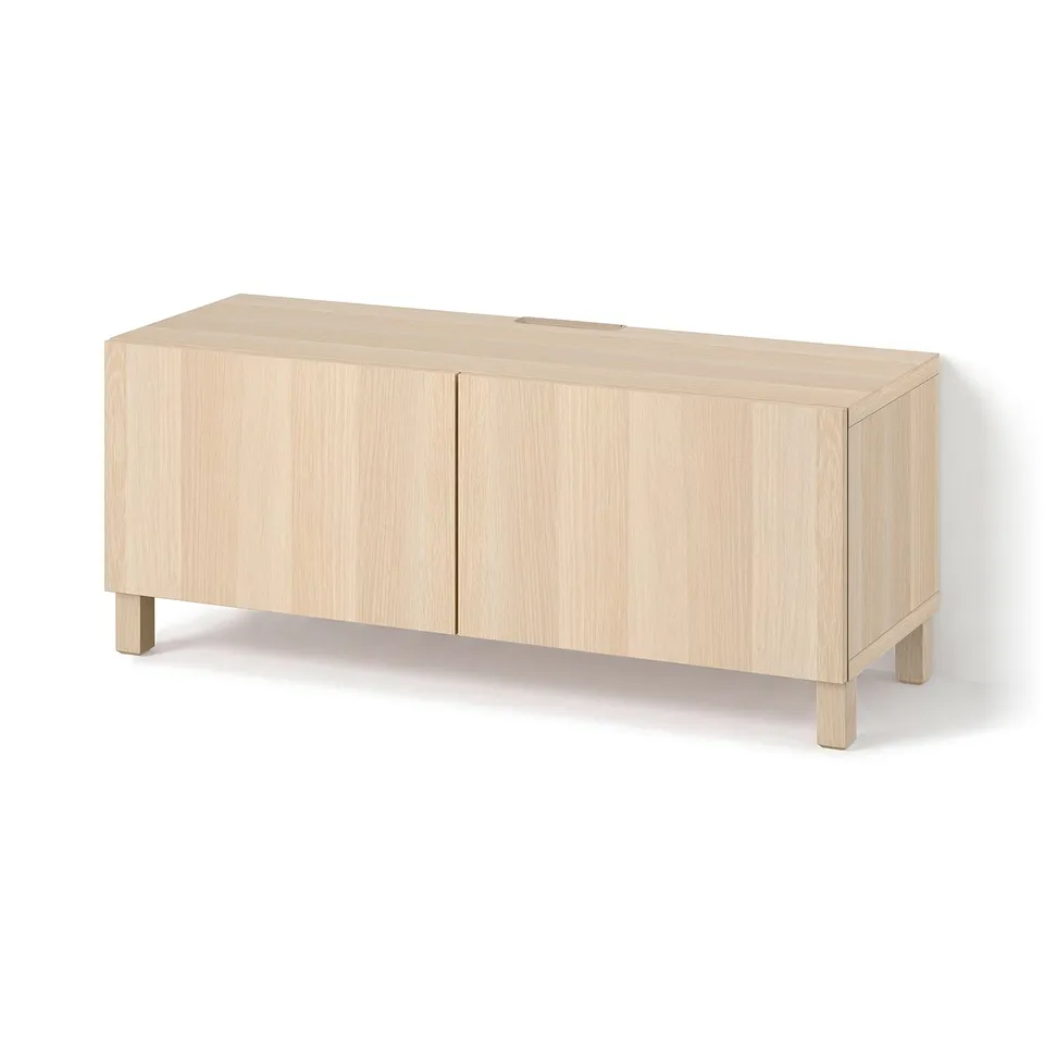 BESTÅ TV bench with doors, white stained oak effect/Lappviken/Stubbarp white stained oak effect, 120x42x48 cm