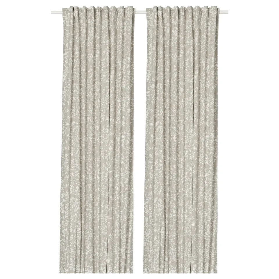 SNÖRUTA Curtains, 1 pair, light grey-beige white/floral pattern with heading tape, 145x300 cm