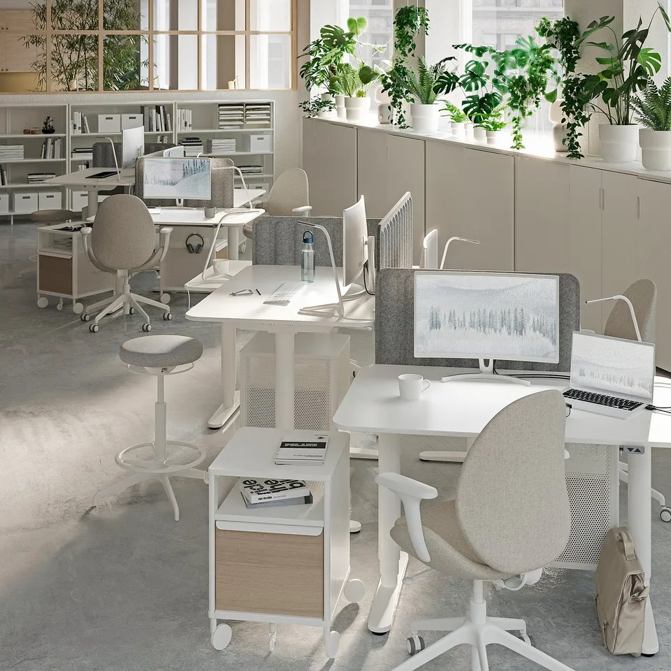 Modern office space with white ergonomic chairs, desks, and computers, accented by green plants and large windows.